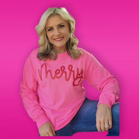 Merry (pink long sleeve with red writing)